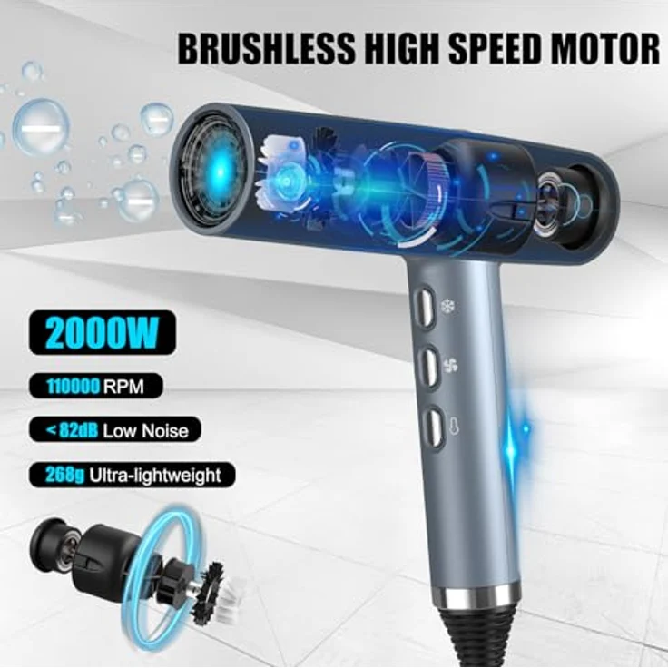 slopehill Professioneller Haartrockner, 2000W mit 110000RPM, 268g superleicht, Ionen-Technologie und intelligentem Kontrollsystem – Bild 2