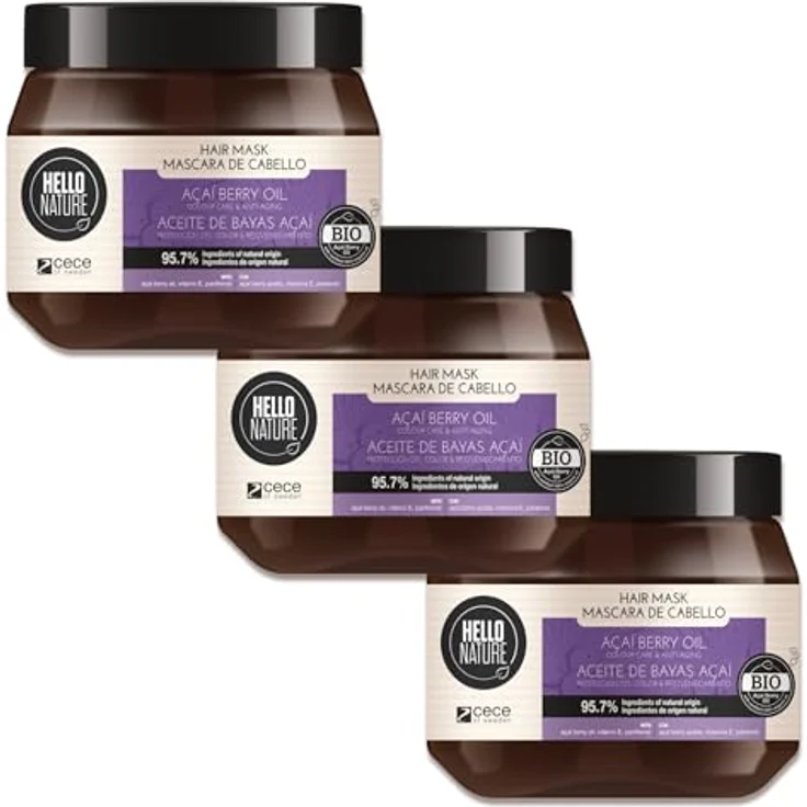 P-Beauty Naturkosmetik Haarmaske mit Acai Öl, 250ml - Intensive Haarkur für Repair & Regeneration, Bio & Vegan, Farbschutz & Anti Aging Pflege für trockenes, coloriertes Haar - 3er Pack (750ml) – Bild 1