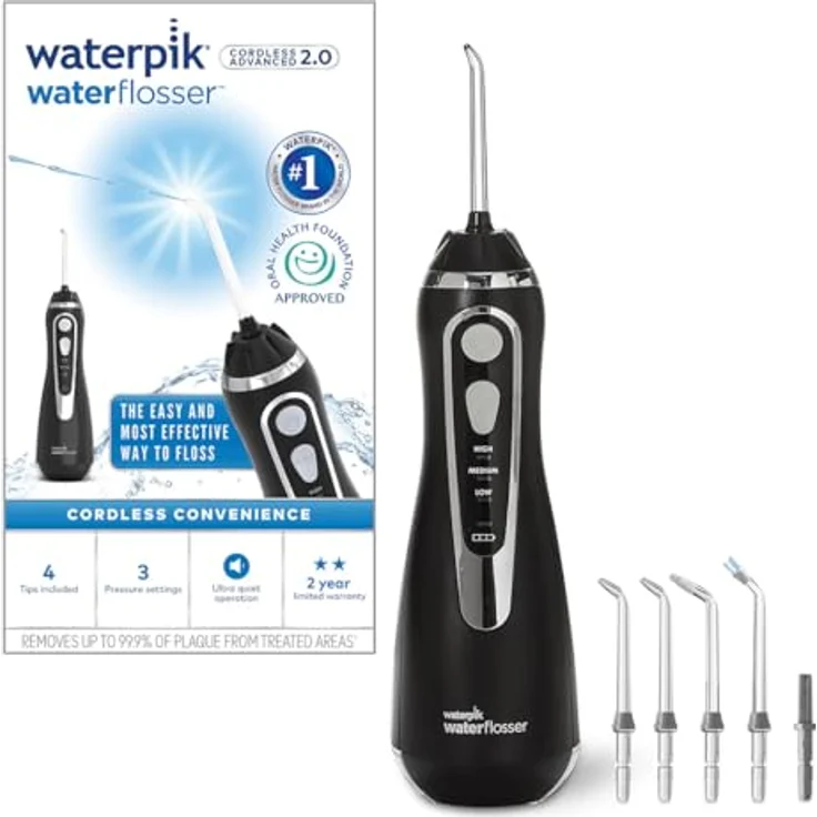 Waterpik Cordless Advanced Munddusche, kabellos, Testsieger 2024, Precision Pulse Technology, bis zu 99,9 % Plaque Entfernung, 4x Aufsätze, 3 Modi, Induktionsladesystem, Schwarz – Bild 1
