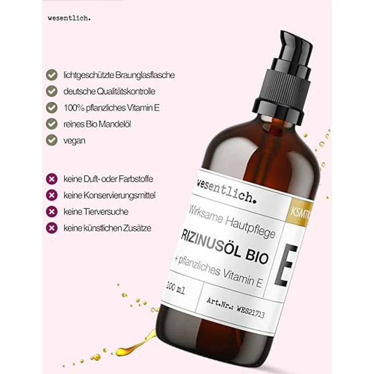 wesentlich. Rizinusöl BIO 100ml, kaltgepresst & angereichert mit Vitamin E, für Gesicht, Haut, Wimpern & Haare, in Glasflasche mit Pumpspender – Bild 5