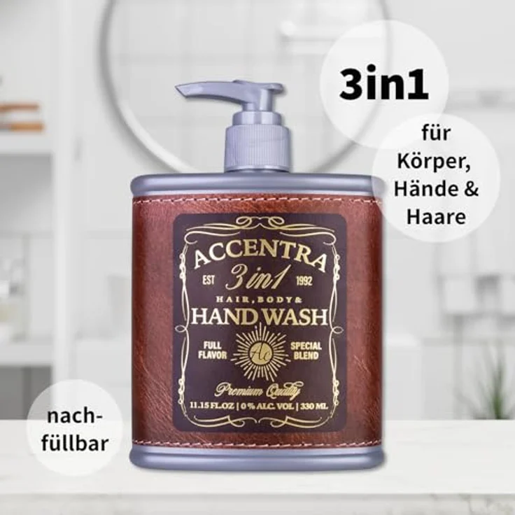 Accentra Seifenspender Whiskey, Handseife SPECIAL BLEND, 330ml Pumpspender mit Duft nach Birke & Zeder, Flachmann-Design, Geschenkidee für Männer zum Vatertag – Bild 2