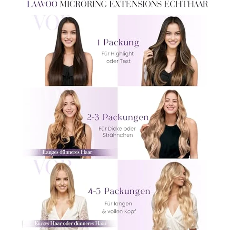 LaaVoo Microring Extensions, Echthaar Haarverlängerung in Aschblond Highlighted Blond, 50g, 35cm, Remy Bondings #P18/613 – Bild 5