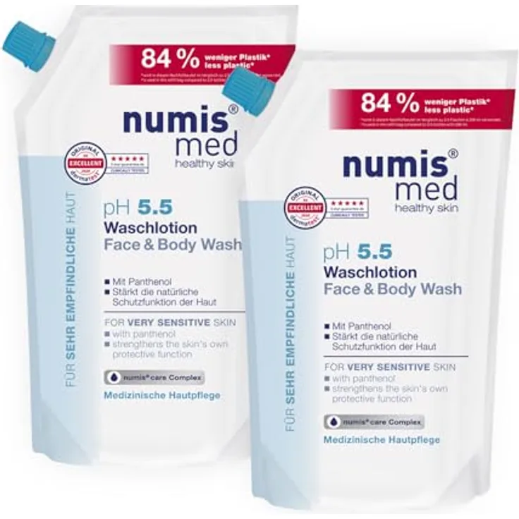 numis med Waschlotion ph 5.5 Nachfüllbeutel - 2x Hautberuhigende Körperlotion für sehr empfindliche & sensible Haut - vegane Hautpflege ohne Silikone, Parabene & Mineralöl - Lotion (2x 500 ml)