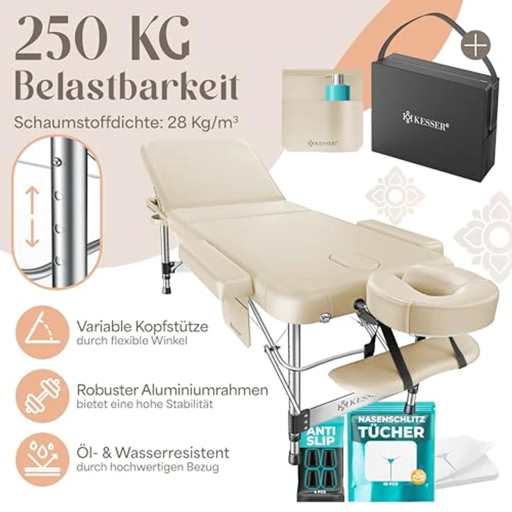 KESSER® Massageliege 3 Zonen, klappbar und verstellbar bis 250kg, tragbarer Koffer, Kosmetik- und Therapieliege, Alu-Kopfstütze, inklusive Tragetasche, Anti-Rutsch, 60cm, Beige – Bild 2