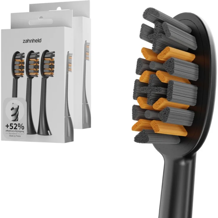 Zahnheld Aufsteckbürsten Pro X-Clean, Ersatzbürsten für Schallzahnbürste Gero, sanfte Reinigung, plastikfrei verpackt, 6 Stück, schwarz