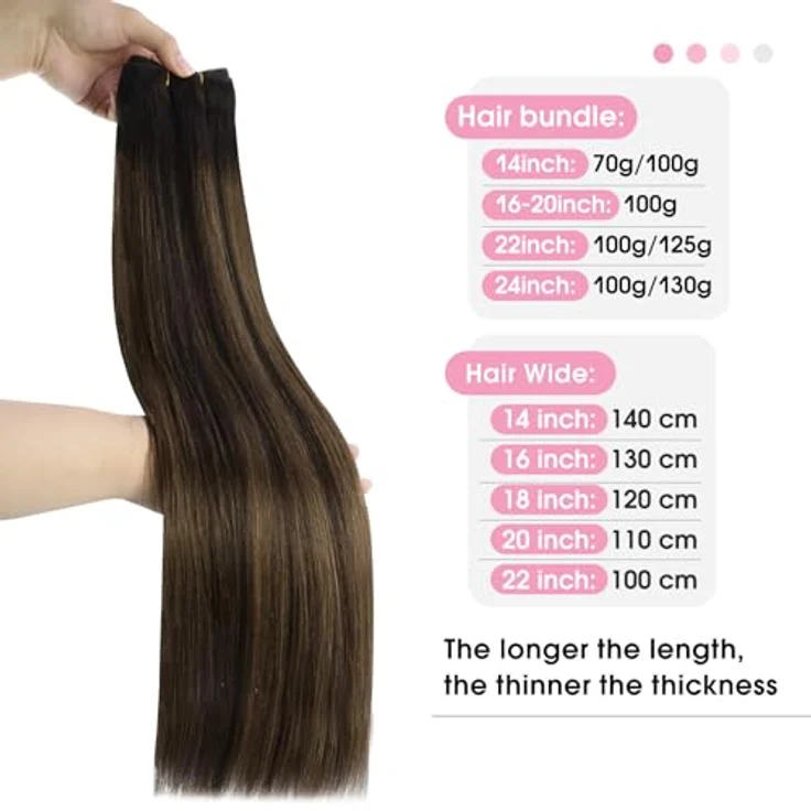 YoungSee Echthaar Tressen 35cm, Braun Ombre, 70g Weave Extensions, Remy Glatt für Damen, verwicklungsresistent, eingenähte Befestigung – Bild 2
