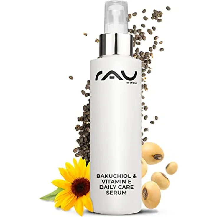 RAU Cosmetics Anti-Aging Serum Bakuchiol & Vitamin E Daily Care Serum 100ml - Tagespflege Konzentrat mit UV-Schutz - Anti Falten für Männer & Frauen - Für Unreine, Trockene, Reife Haut & Mischhaut - Hautpflege Serum mit pflanzlicher Retinol Alternative