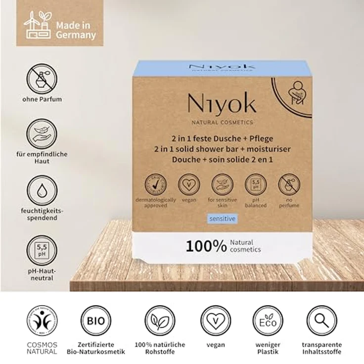 Niyok® 2-in-1 Feste Dusche + Pflege "Sensitiv" (80g) • Milde Naturkosmetik Duschseife • Festes Duschgel für empfindliche Haut • Plastikfrei & Vegan • Duftfrei – Bild 3