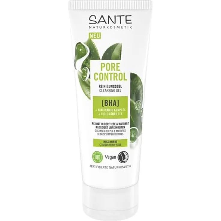SANTE Naturkosmetik Pore Control BHA Reinigungsgel mit mattierendem Bio-Grüner Tee, BHA & Niacinamid Komplex - 100ml, veganes Waschgel für Mischhaut