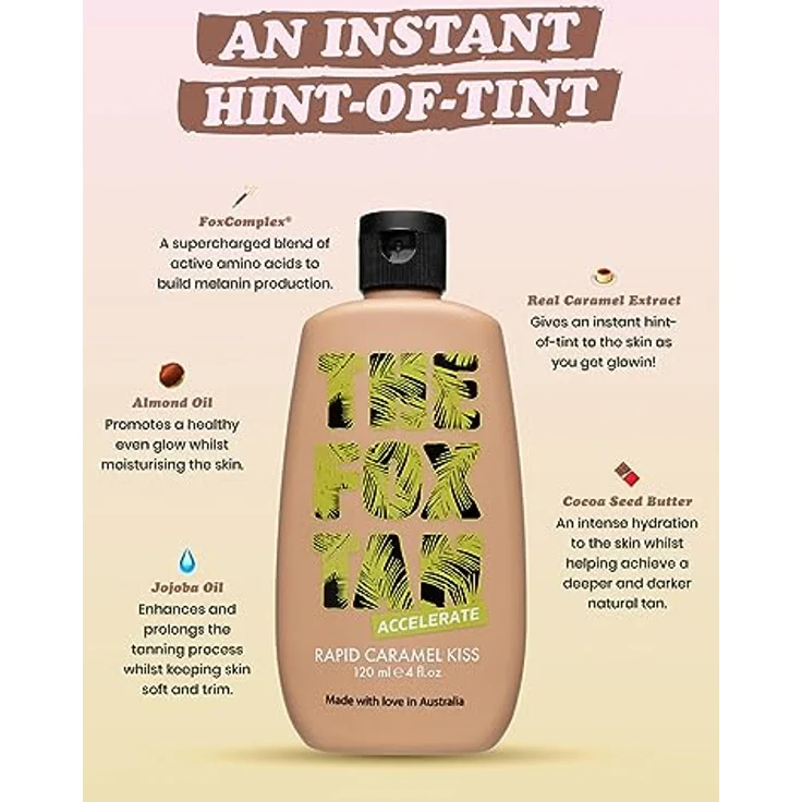 The Fox Tan - Rapid Caramel Kiss - Bräunungsbeschleuniger ohne Selbstbräuner, Lotion für Gesicht und Körper, vegan und tierversuchsfrei, für Sonne und Solarium, 120 ml – Bild 2