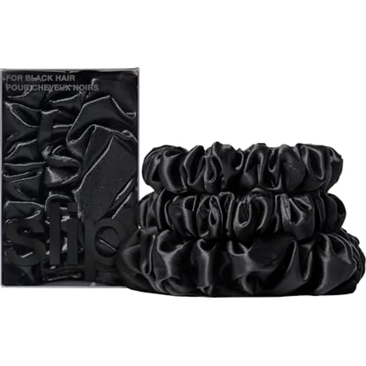 SLIP Silk Back to Basics 3-teiliges Haargummi-Set aus Maulbeerseide - Haarschonende Zopfgummis gegen Haarbruch - 2 x Scrunchies Mittel, 1 x Groß - Schwarz