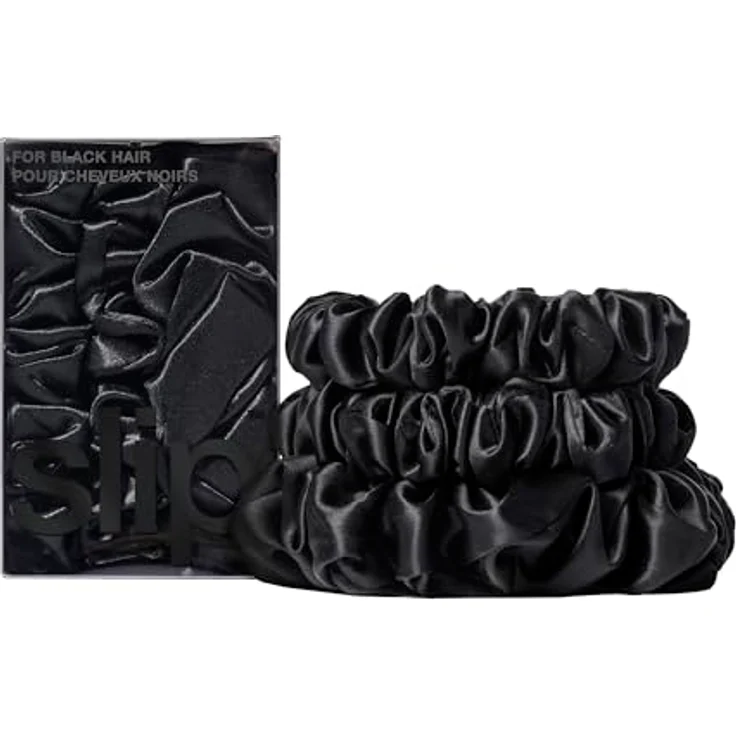 SLIP Silk Back to Basics 3-teiliges Haargummi-Set aus Maulbeerseide - Haarschonende Zopfgummis gegen Haarbruch - 2 x Scrunchies Mittel, 1 x Groß - Schwarz – Bild 1