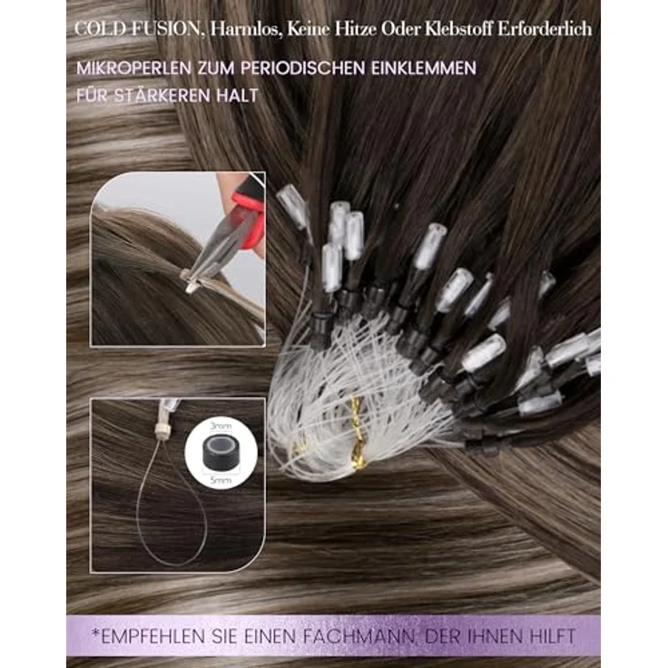 LaaVoo Microring Extensions Echthaar 45cm Remy Ombre Dunkelbraun Dunkel Aschblond, 50g #4/18/4, Kaltfusionsmethode, wiederverwendbar, hitzestyling-fähig – Bild 3