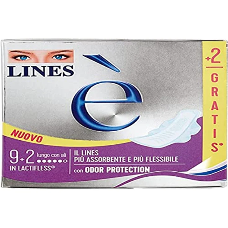 Lines Lang Damenbinden mit saugfähigen Flügeln aus Lactiflex, 9 Stück + 2 gratis, hypoallergen, maximale Saugfähigkeit und Komfort – Bild 1