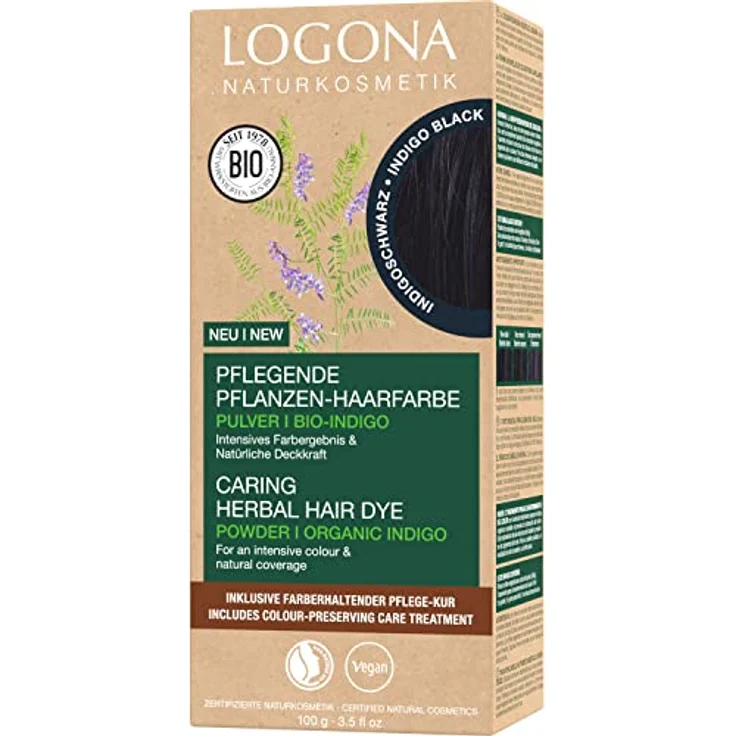 LOGONA Naturkosmetik Pflegende pflanzliche Haarfarbe, Veganes Haarfarbe-Pulver mit Bio-Indigo für intensive Farbe und Glanz, Pflanzenhaarfarbe in Indigoschwarz (Schwarz), 1 x 100g – Bild 1