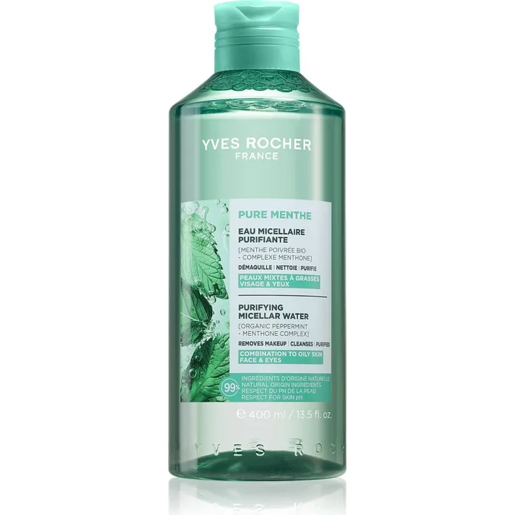Yves Rocher Pure Menthe reinigendes Mizellenwasser 400 ml, Gesichtsreinigung mit erfrischender Minze und präbiotischen Inhaltsstoffen