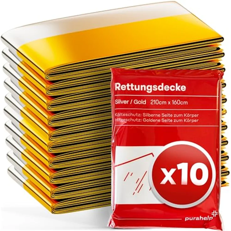 Purahelp Erste-Hilfe-Set PURAHELP Rettungsdecke Gold Silber - Kompakte Rettungsdecken für Auto, Wandern & Camping, 10 St - Wetterfeste Notfalldecke – Bild 2