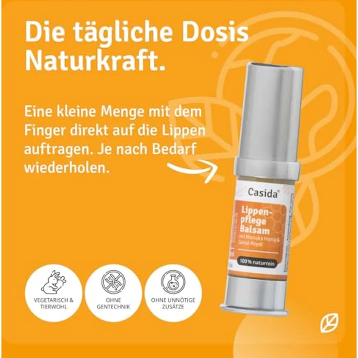 Casida Lippenpflegebalsam mit Manuka Honig und Geleé Royal, 100% natürlich, vegan, 5ml – für trockene, rissige Lippen, pflegend und schützend – Bild 4