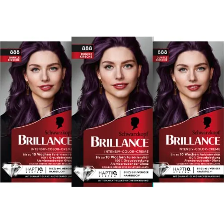 Brillance Intensiv-Color-Creme 888 Dunkle Kirsche Stufe 3 (3 x 160 ml), dauerhafte Haarfarbe mit Diamant-Glanz-Effekt & Pflege-Conditioner, 10 Wochen Farbintensität