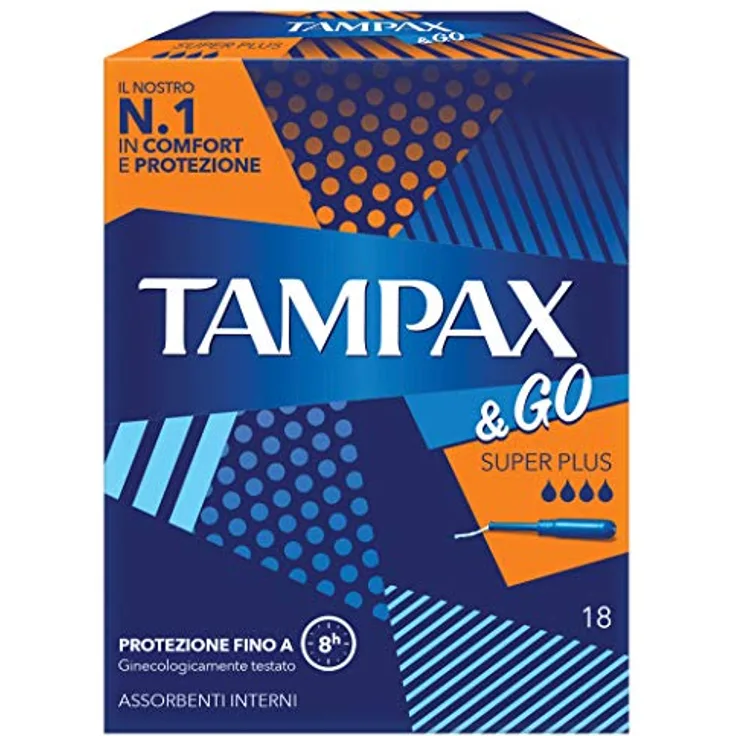 Tampax &Go Super Plus, 18 Tampons mit Kunststoffapplikator und rutschfestem Griff für mittlere bis starke Ströme
