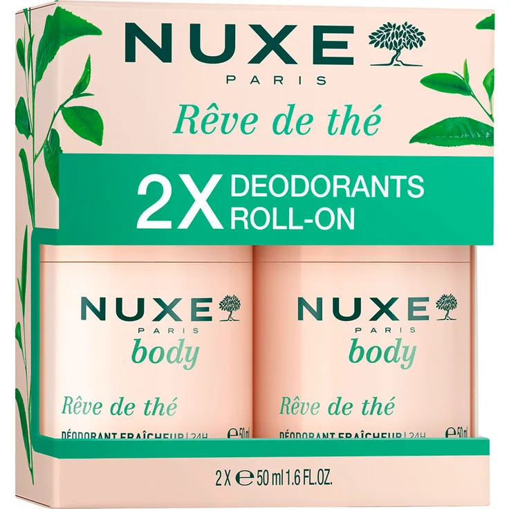 NUXE Rêve de Thé Deodorant Fraîcheur 24h, Duo-Set 2 x 50 ml, veganer Deo mit Grüntee-Extrakt, hinterlässt keine Spuren