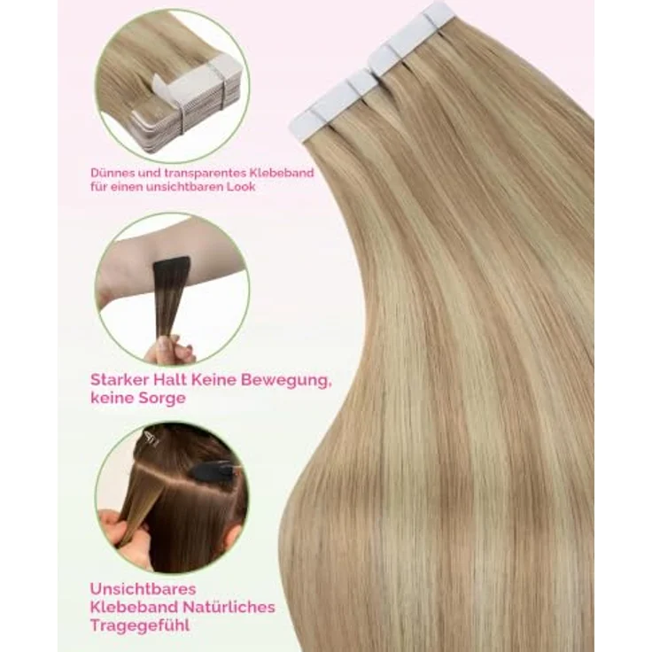 YoungSee Tape Extensions Echthaar 45cm 50g, Aschblond Strähnchen, langlebiger Halt mit Walker Tape, inklusive Ersatzklebebänder – Bild 5