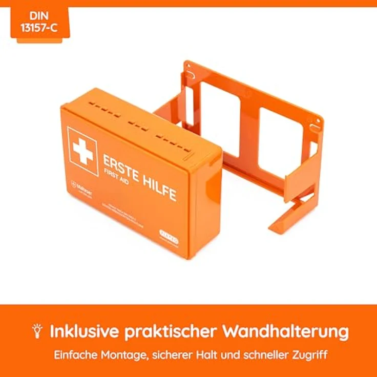 FLEXEO Erste-Hilfe-Koffer DIN 13157, Betriebsverbandkasten mit Wandhalterung, bruchsicher, orange – Bild 7