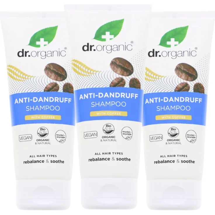 Dr. Organic Anti-Dandruff Shampoo mit Kaffee, 3 x 200ml, für gesunde Kopfhaut, Unisex, natürlich vegan