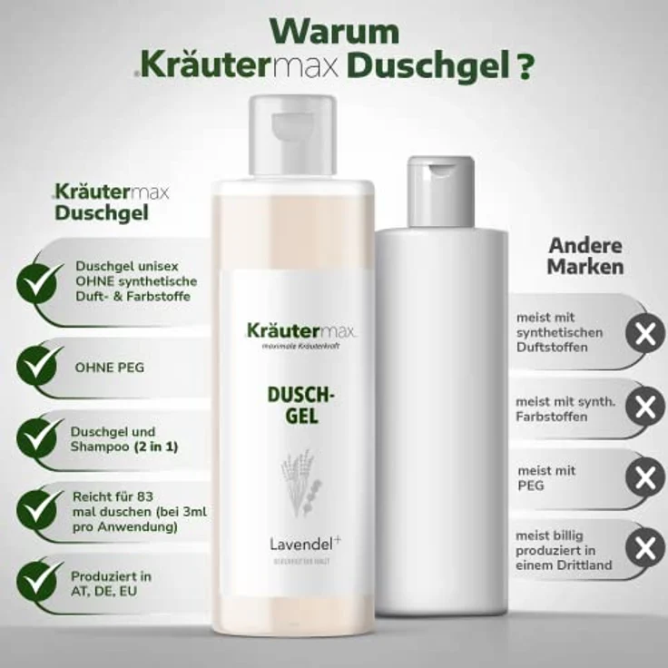 Kräutermax. Lavendel Duschgel mit Öl zur Entspannung auch als Seife und Shampoo, 250 ml – Bild 3
