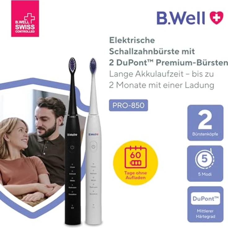 B.Well Sonic Pro-850, Elektrische Schallzahnbürste mit mehreren Putzmodi und Timer, Schwarz – Bild 2
