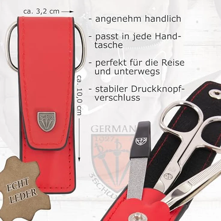 DREI SCHWERTER 3-tlg. Nagelpflegeset 'Venezia', Echtleder Nageletui in Rot, inkl. Nagelschere, Pinzette, Saphirnagelfeile, MADE IN GERMANY – Bild 4
