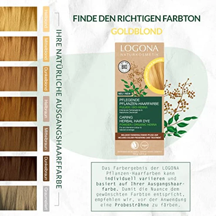 LOGONA Naturkosmetik Pflegende pflanzliche Haarfarbe, Veganes Haarfarbe-Pulver mit Bio-Henna für intensive Farbe und Glanz, Pflanzenhaarfarbe in Goldblond (Blond), 1 x 100g – Bild 5