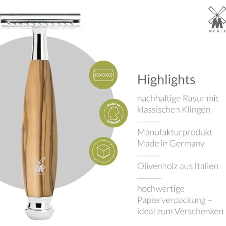 Mühle Rasierhobel (R 330 SR) mit geschlossenem Kamm, Olivenholz Griff – Bild 4