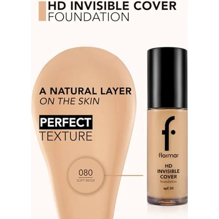 flormar HD Invisible Cover Foundation, leichtes Make-up mit aufhellender Wirkung, SPF 30, Farbton 80 Soft Beige, 30 ml – Bild 2