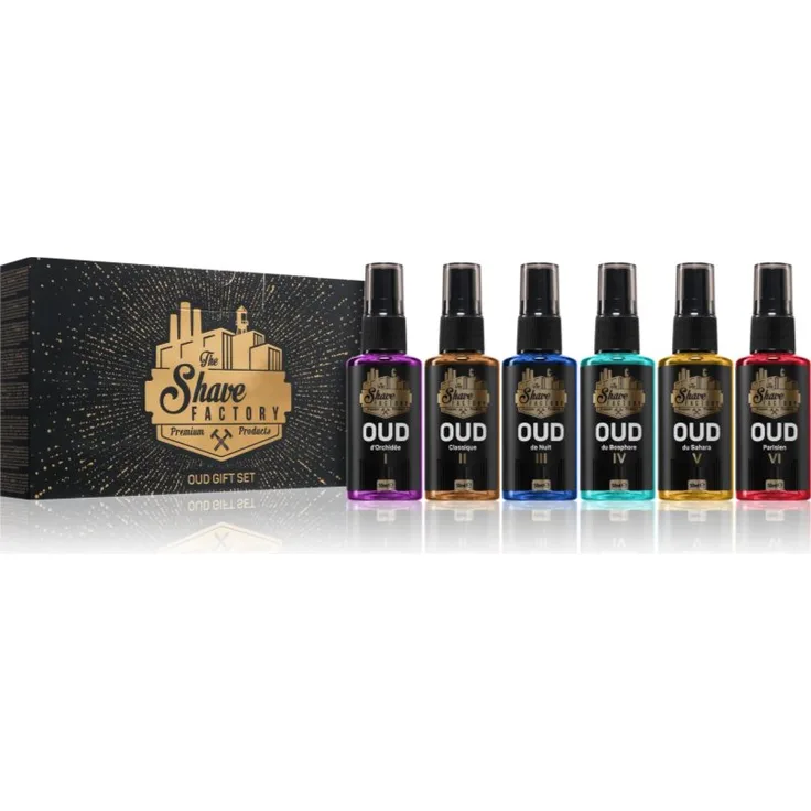 The Shave Factory OUD GIFT SET After Shave, 6x50 ml für Herren, beruhigt irritierte Haut und verleiht angenehmen Duft