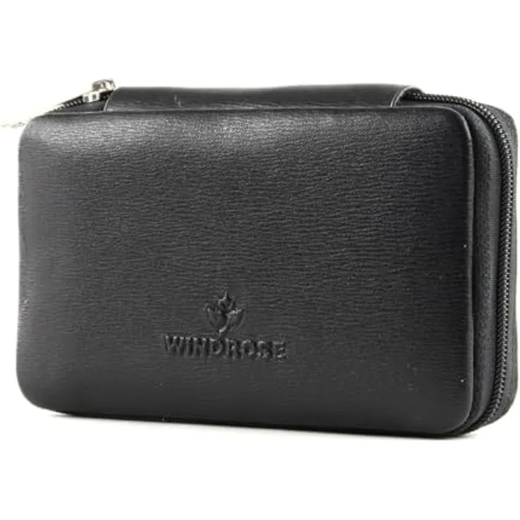 Windrose Ambiance Maniküre-Set M, Nagelpflegegerät aus 100% Leder, schwarz, mit Schere, Nagelfeile, Nagelhautschieber und Pinzette, 12.5 cm