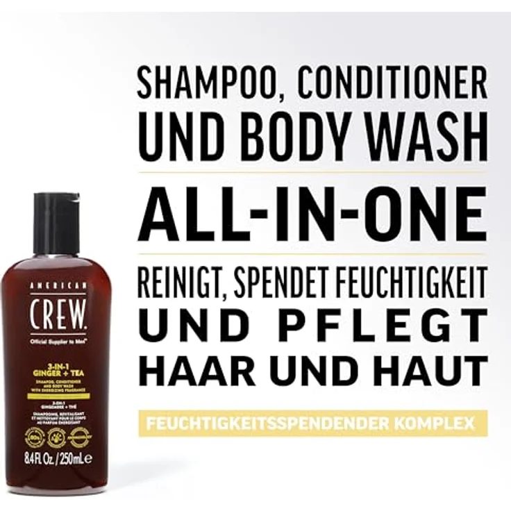 American Crew 3-in-1 Ginger & Tea Shampoo, Conditioner & Body Wash, 1000ml, Pflegeshampoo und Duschgel für Männer, Energie und Feuchtigkeit spendend, mit Ingwer & Tee Duft – Bild 2