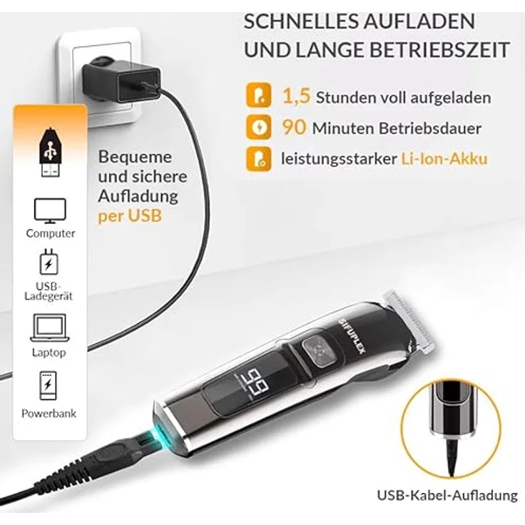 Sifuplex PrimeCut Pro Barttrimmer, Multifunktionstrimmer mit 5 Aufsätzen, Präzisions-Trimmer für Bart & Haare, 180 Minuten Akku, Edelstahl-Präzisionsklingen – Bild 3