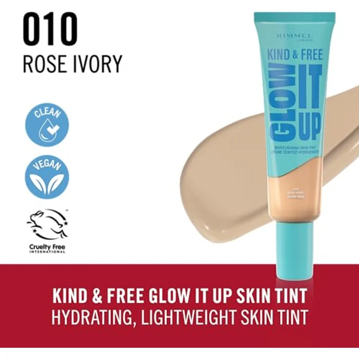 Rimmel Kind & Free Glow It Up, leichtes feuchtigkeitsspendendes Make-up, Farbton 010 Rose Ivory, 30 ml – Bild 5