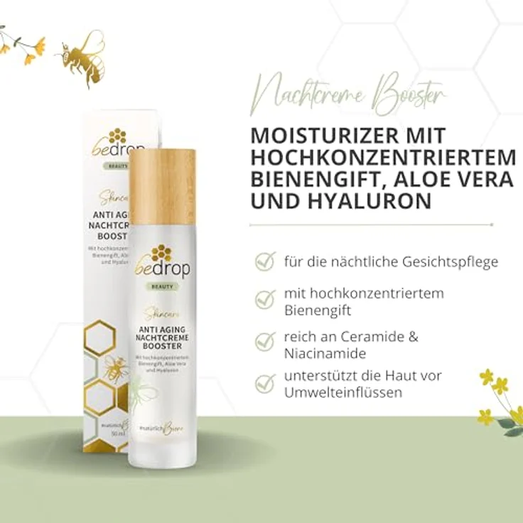 bedrop Anti-Aging Nachtcreme BOOSTER mit Bienengift, Aloe Vera, Hyaluron, Jojobaöl, Vitamin C und Arginin zur Faltenminderung - 3x 50ml Sparset – Bild 3