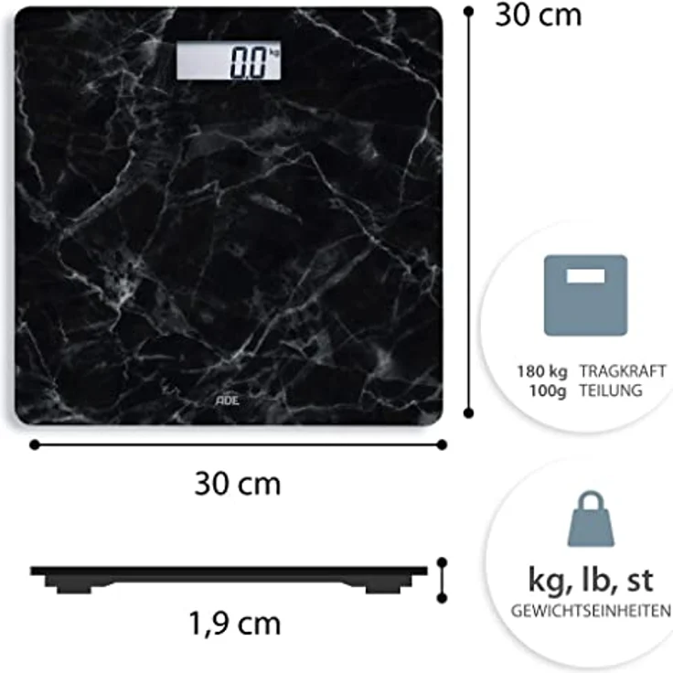 ADE Digitale Personenwaage BE 1712 Aurora in dunkler Marmor, Optik, Elektronische Badezimmerwaage mit eleganter Wiegefläche aus Sicherheitsglas zur genauen Gewichtsbestimmung bis 180 kg, Schwarz – Bild 3
