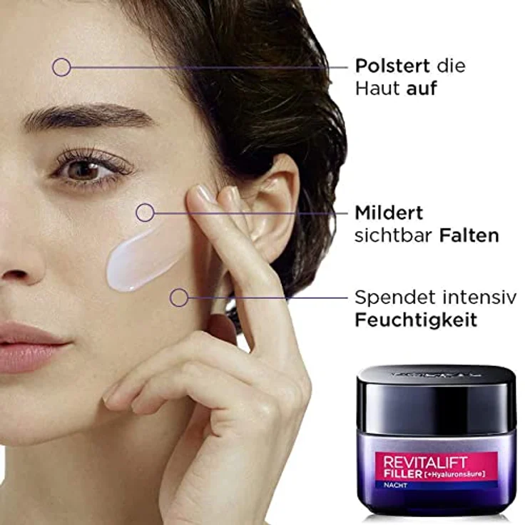 L'Oréal Paris Nachtpflege, Revitalift Filler, Anti-Aging Gesichtspflege, Anti-Falten und Volumen, Hyaluronsäure-Konzentrat, 2 x 50 ml – Bild 2