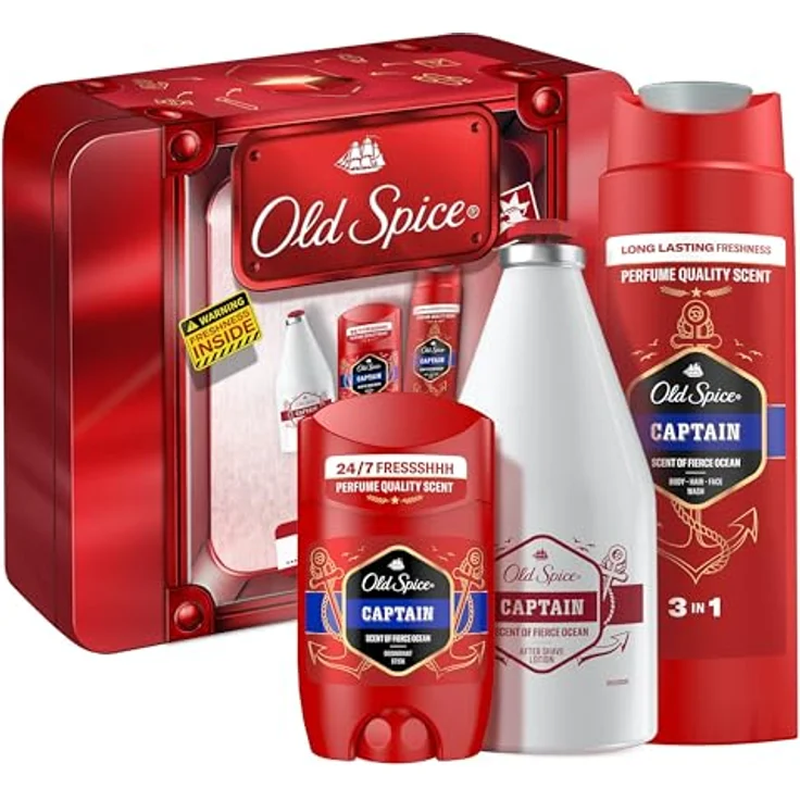 Old Spice Captain Tin Box Geschenkset, Deostick (50 ml), Duschgel (250 ml) und Aftershave-Lotion (100 ml), langanhaltender Duft in Parfumqualität, stylische Verpackung – Bild 1