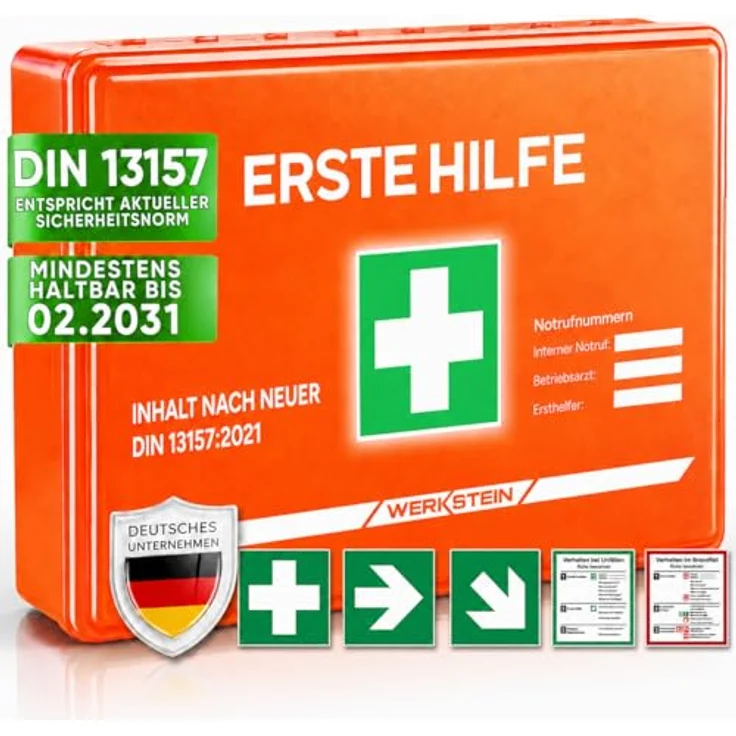 Werkstein Erste-Hilfe-Koffer DIN 13157:2021 Small - Wandhalterung, 3x Aufkleber, Gesichtsmasken & Feuchttücher - Orange – Bild 2