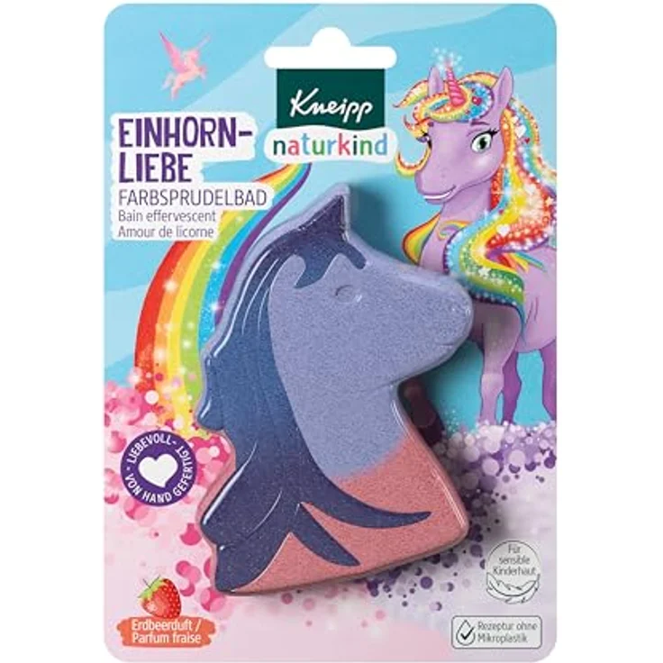 Kneipp naturkind Farbsprudelbad Einhornliebe – Rosa Wasser, Erdbeerduft, mit Avocadoöl, vegan & hautschonend ab 3 Jahren – Bild 1