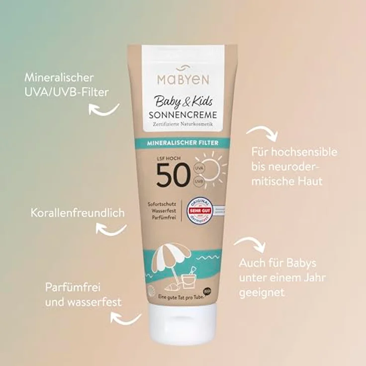 MABYEN Sonnenschutzcreme Baby & Kids, LSF 50, 100 ml, vegan, parfumfrei, wasserfest, für empfindliche Haut, dermatologisch bestätigt – Bild 2