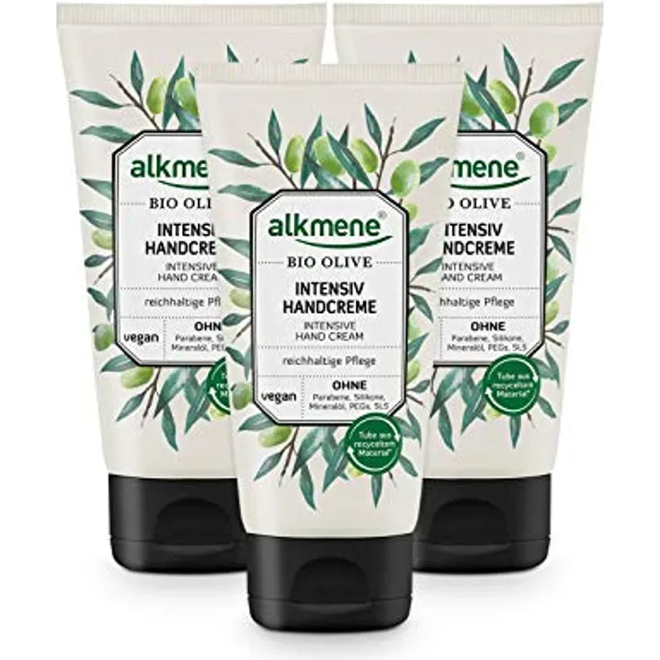 alkmene Handcreme mit Bio Olive - Intensiv Creme für sehr trockene Hände - vegane Olivenöl Intensivcreme ohne Silikone, Parabene, Mineralöl, PEGs, SLS & SLES - Hautpflege im 3er Pack (3x 75 ml)