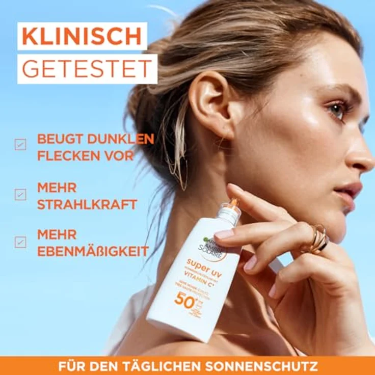 Garnier UV-Sonnenschutzfluid gegen dunkle Flecken, Sehr hoher Sonnenschutz mit LSF 50+, Unsichtbares Finish, Ambre Solaire Super UV Vitamin C Daily Fluid, 1 x 40 ml – Bild 3