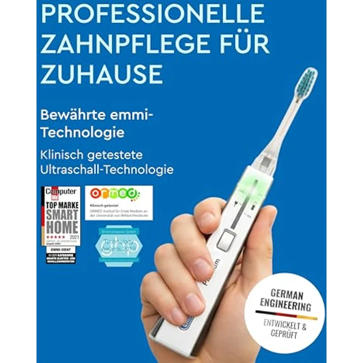 emmi-DENT Ultraschall Aufsteckbürsten PM2, 2er Set in Blau & Rot, Ersatzbürsten für Platinum Zahnbürste, sanfte Reinigung für Spangenträger, kompatibel mit emmi-DENT Ultraschall Platinum-Serie – Bild 5
