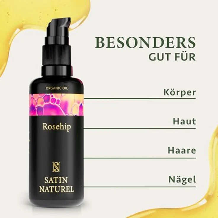 Satin Naturel Bio Hagebuttenöl 100 ml – 100% reines, kaltgepresstes Rosa Canina – Gesichtsöl, Körperöl, Massageöl & Haaröl mit Anti-Falten-Wirkung für trockene Haut – Bild 3